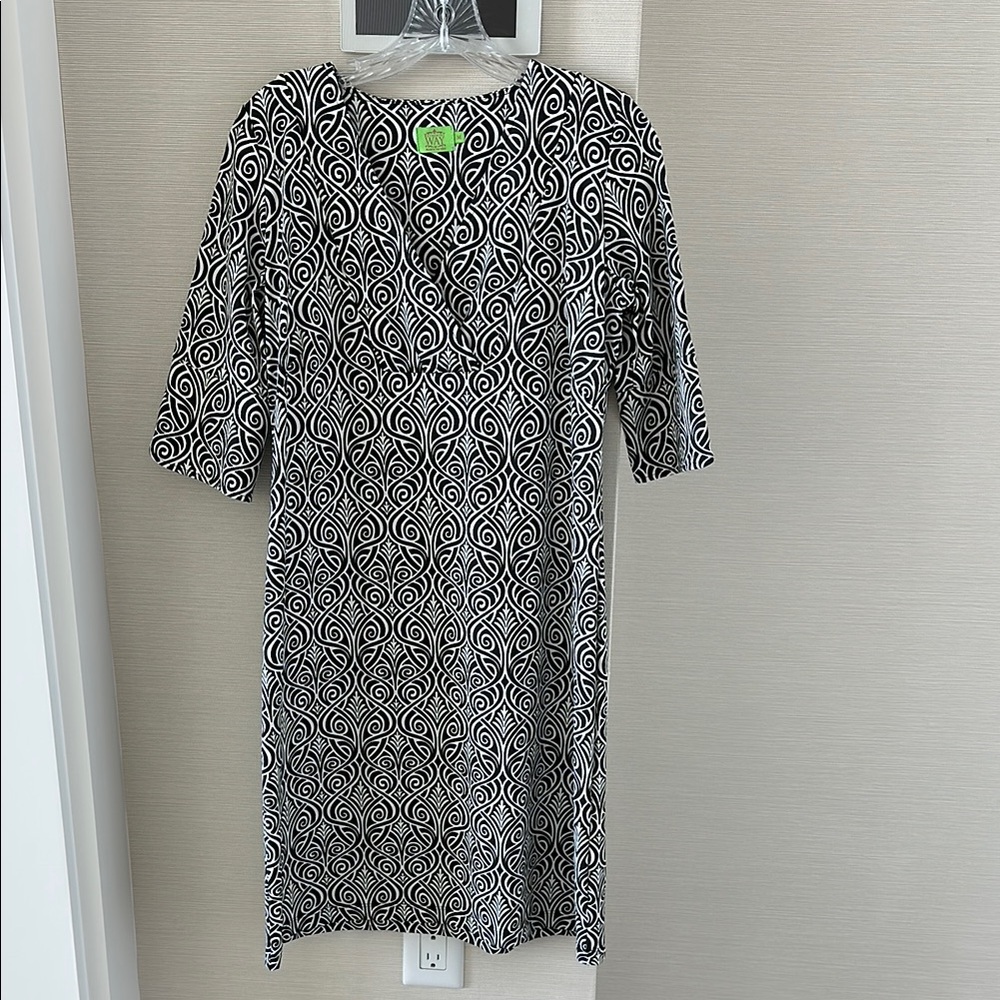 Katherine Way Black and White Midi Dress with 3/4 Dolman Sleeves and V-Neck